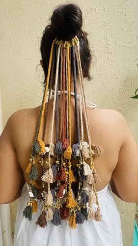 Image of Zippy Flora Boho Handmade Colorful Hair Strings for Navratri | Ethnic Bohemian Hair Accessories for Women & Girls | Multicolor Braided Hairband, Thread Hair Extensions for Festive Styling (Phuljhadi String, Multi Nude Colors)