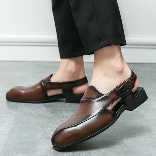 Men's Panelled Leather Closed-toe Sandals with Adjustable Buckle Straps Non-slip Breathable Pointed Block Heel Slippers, Business Walking Driving Office Dress Shoes (brown,8.5)3