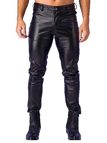 easyforever Men's Faux Leather Zipper Fly Pockets Pants Slim Fit Moto Biker Pants Clubwear