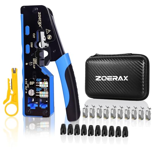 ZOERAX All-in-One Ethernet Crimping Tool Kit with Wire Stripper, 10xCAT7 RJ45 Pass Through Connector & 10xBoots, Storage Case Ideal for DIY/Network Installations