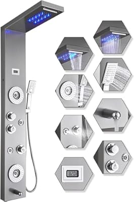 ELLO&ALLO Stainless Steel Shower Panel Tower System,LED Rainfall Waterfall Shower Head 6-Function Faucet Rain Massage System with Body Jets, Brushed Nickel