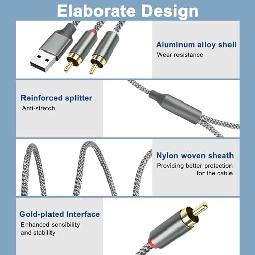 MEIRIYFA USB do 2RCA Audio Cable, USB 2.0 do 2RCA męskie 2 Phono Connector Y Splitter Cable, PC USB do Stereo Audio Cable Konwerter z dekoderem HIFI Chip dla wzmacniacza głośnika (2M)