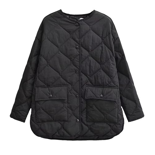 Women's Diamond Lightweight Quilted Jackets Flap Pockets Button Down Padded Jacket Warm Outerwear Bomber Jacket