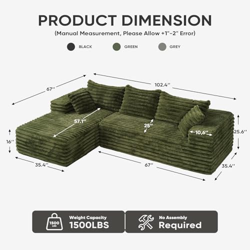 Image of 2 inch Corduroy Boneless Couches for Living Room, L Shape Sofa with Chaise | 102.4 inch Modular Sectional Sofa, Cloud Couch Sectional with Deep Seat, No Assembly, Green, Left Chaise