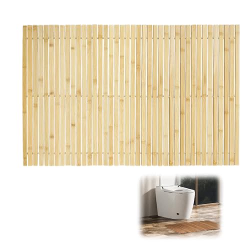 WRQIOO 50 * 100CM Badematte Holz, Bambus Badematte Sauna, Badvorleger Holz, Bambusmatte für Badezimme, Feuchtigkeitsresistent, rutschfest, Duschmatte Holz kann Aufgerollt Werden, Robust und Langlebig