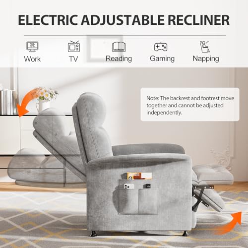 Image of Power Recliner Chair for Adults with Heat & Massage - Soft Fabric Electric Reclining Sofa with Remote Control, 3 Side Pockets, 180 Lay Sleeper for Home Theater Living Room, Light Grey