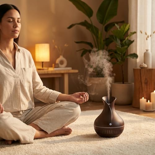 Image of Lakshiv Aroma Diffuser Humidifier for Room & Home with LED Light | Ultrasonic Cool Mist Air Humidifier for Bedroom | Essential Oil Diffuser | Wood Grain Finish | 30ml | Touch Operation (Dark Brown)