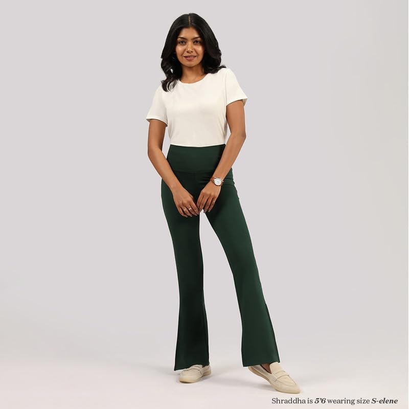 Image of BlissClub Women's Comfort Fit Mid Rise Ultimate Slit Flare Pants - Lite Tall |Above 5'5 | Stylish Slits | Stretchy | Comfortable | Back Pocket