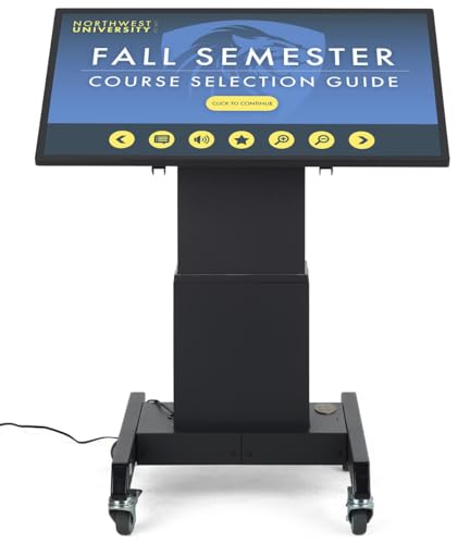 Image of Displays2go 43 inch Touchscreen Digital Signage Stand | Motorized Height Adjustable Display with Android OS & Wheels, DP043TLB