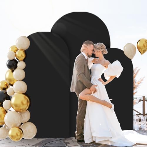 Image of FOTSHARER Spandex Fitted Wedding Arch Cover Set of 3 Black Arch Covers Stretchy Backdrop 6FT 6.6FT 7.2FT Round Top Back drop Cover for Arches Stand Wedding Arch Cover Backdrop Fabric for Parties Decor
