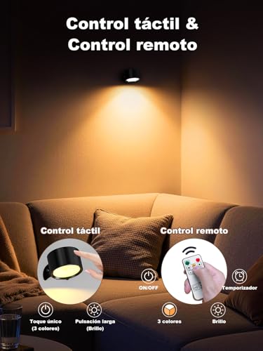 Apliques pared interior sin cable para evitar obras, pack de 2 lamparas negras regulables de 360° 4