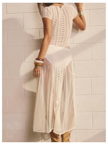 Milumia Women's Sexy See Through Lace Long Dress Short Sleeve A Line Sheer Summer Dresses3