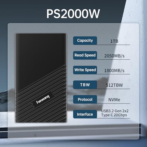 Image of fanxiang 1TB External SSD, Portable Solid State External Hard Drive USB 3.2 Gen2x2, Up to 2000MB /s, USB-C External Storage for iPhone 15 /Pro, PC, Laptop, Creators,Gaming Console - PS2000W
