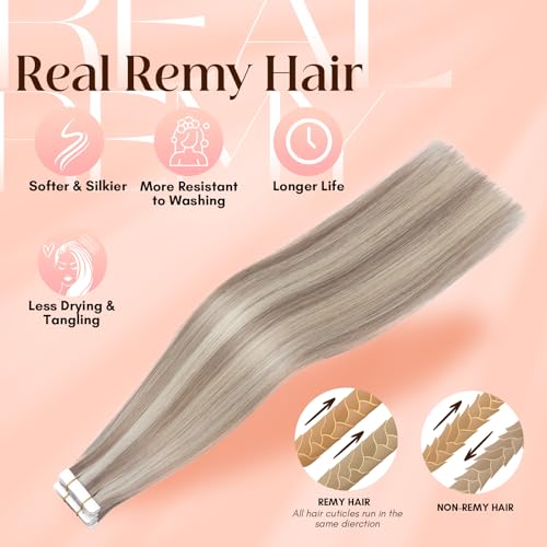 Image of Elailite Tape in Hair Extensions Human Hair Thick Real Remy Hairpieces Ash Blonde & Bleach Blonde 12 Inch 40g 20pcs Straight Invisible Seamless Skin Weft Best Tape for Women