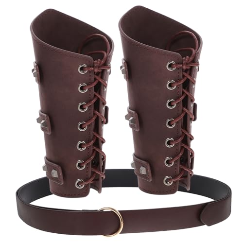 TOVINANNA Leather Arm Guards 3pcs Medieval Wristband Set Viking Costume for Men Waist Belt for Adults Cosplay Accessory Brown