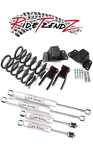 RTZ - Compatible with Chevrolet GMC Silverado Sierra 1500 Pickup Lowering Kit 3" Front Lowering Drop Coil Springs + 4" Rear Hanger & Shackle Kit + RTZ Primo NIitrogen Gas Charged Shocks 2WD V8 Motor