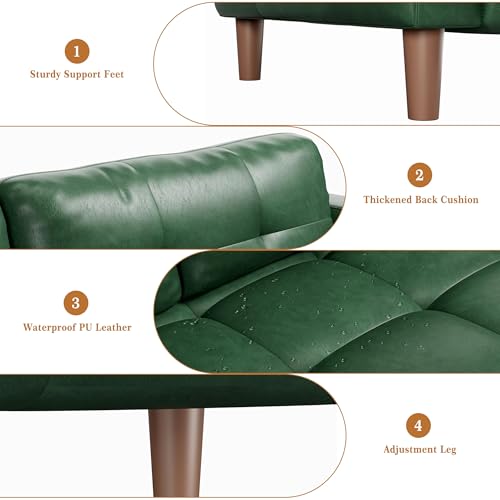 Image of IDEALHOUSE 83 inch Green Faux Leather Couch, 3 Seater Sofa Couches
