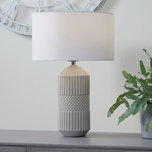Image of Grey Geometric Textured Tall Ceramic Table Lamp | Modern Standard Lamps For Living Room | Scandi Neutral White Geo Embossed Lamp With White Drum Shade | Contemporary Natural Bedroom Bedside Lamps