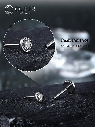 OUFER Nose Rings Studs, Titanium Nose Rings 20G, Nose Studs Threadless 6mm/8mm, Clear CZ Flat Back Nostril Piercing Jewelry for Women and Men - 1