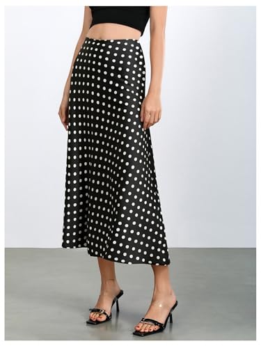 MakeMeChic Women's Polka Dots Midi Skirt Satin Vintage Elegant