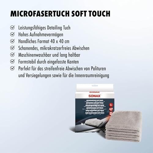 SONAX MicrofaserTuch soft touch (3 Stück) Leistungsfähiges Detailing Tuch für Polituren, Versiegelungen und den gesamten Fahrzeuginnenraum | Art-Nr. 04510000