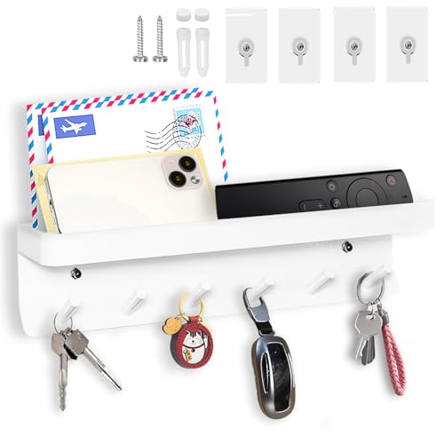 Echehi Schlüsselhalter mit 6 Haken, Einfach zu Installierende Schlüsselbrett Ohne Bohren, Metall Schlüsselablage, Garderobe, Briefständer, Geeignet für Eingangsbereiche und Hinter Türen. Weiß