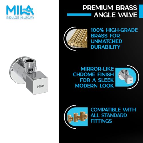 Image of Mila Square Brass Angle Valve with Wall Flange - Pack of 2 | Mirror Chrome Finish | Quarter Turn Cartridge | inch BSP Male Thread Inlet & Outlet | Durable, Leak-Proof, Multi-Purpose| 10-Year Warranty