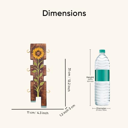 Image of AAKRITI ART CREATIONS Key Holder, Sunflower Wooden Key Hanger | Rustic Wooden Wall Organizer with 6 Hooks | New Home Gifts | Multifunctional Entryway Decor Item