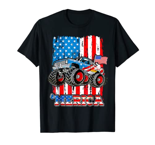 America Monster Truck - Bandera estadounidense para niño pequeño, 4 de julio Camiseta