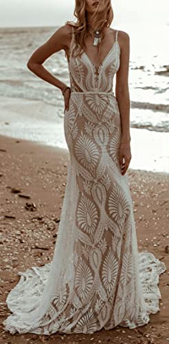 Women's Beach Wedding Dresses for Bride 2022 Vintage Long Sleeves Lace Bohemian Bridal Gown3