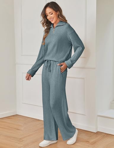 SHESHOW Women 2 Piece Lounge Set Long Sleeve Lapel Zip Up Pullover and Wide-Leg Pants Sweatsuits Travel Outfits4