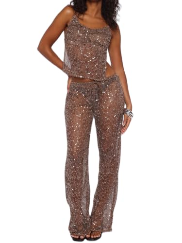 Image of Womens Sequin Sheer Mesh 2 Piece Set Beach Bikini Cover Ups (Brown, S)