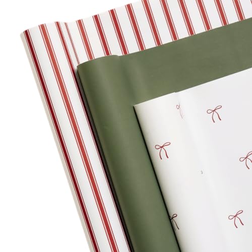 Merry Market Satin Christmas Wrapping Paper (Bows, Stripes, Solid Green)
