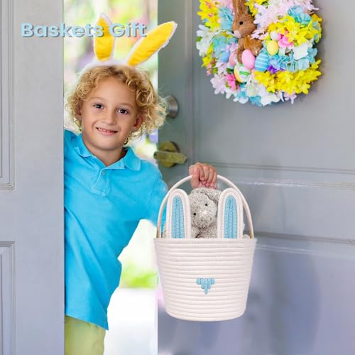 Image of Easter Basket Empty Bunny Egg Baskets With Handle And Ears Easter Gifts Cute Woven Basket (blue)