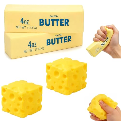 4 PCS Squishy Cheese Butter 2 PCS Squishy Butter and 2 PCS Cheese Stress Relief Cube Block Yellow Unbreakable Figurine Simulation Cheeses Ball