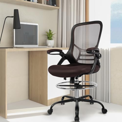 Image of HYLONE Drafting Chair, Tall Office Chair Standing Desk Chair Brown Mesh High-Back Drafting Stool with Flip-Up Arms, Adjustable Foot Ring, Brown