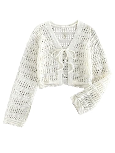 Image of WDIRARA Women's Hollow Out Tie Front Cardigan Long Sleeve V Neck Sweaters Crochet Knit Crop Top
