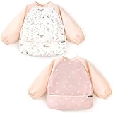GRSSDER 2 Pack Long Sleeve Baby Feeding Bibs, Super Soft Lightweight Waterproof Coverall Baby Led Weaning Bib with Large Food Catcher Pocket, Adjustable and Easy Clean for 6-30 Months