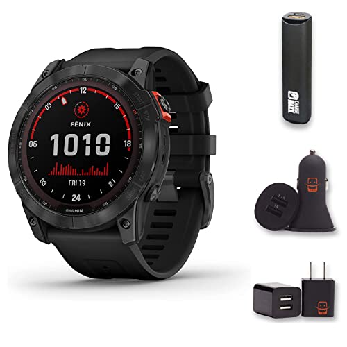 Garmin Fenix 7X Solar (Gray/Black), smartwatch, with Solar Charging Capabilities, Rugged Outdoor Watch with GPS, Touchscreen, Health and Wellness Features, Bundle with EZEE PowerPack (4 Items)