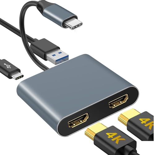 USB C to Dual HDMI Adapter- USB Type C to Dual Monitor HDMI Adapter with USB 3.0& 100W PD Charging Port, Support MST, 4K@60Hz and Dual 4K@30Hz, for MacBook/HP/Dell/Surface/Lenovo/Chromebook and More