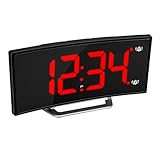 Marathon USB Charging Alarm Clock, with Dimmable Curved Screen. 2 Alarms and Snooze Function. Battery Backup Included (Black/Red)