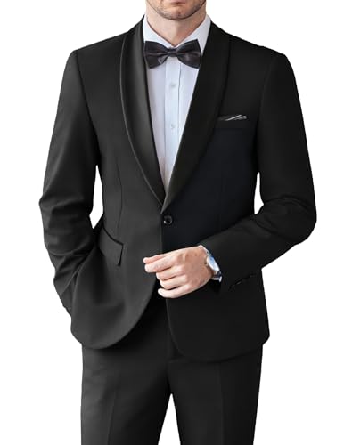 COOFANDY Mens Suits Classic 2 Piece Formal Wedding Prom Tuxedo Solid Shawl Collar Jacquard Jacket Button Pants Black