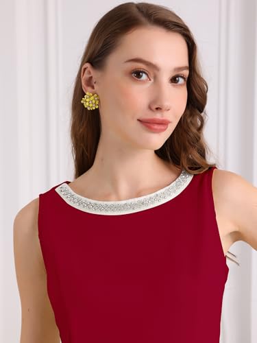 Image of Hobemty Women's Boat Neck Sheath Dresses Sleeveless Work Rhinestone Dress