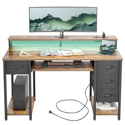 BEXEVUE Gaming Schreibtisch mit Steckdosen LED - 120x50 cm Moderner Computertisch mit Tastaturablage, 4 Umkehrbare Schubladen, Großes Lagerregal zum Lernen Spielen Arbeiten Schlafzimmer Heimbüro