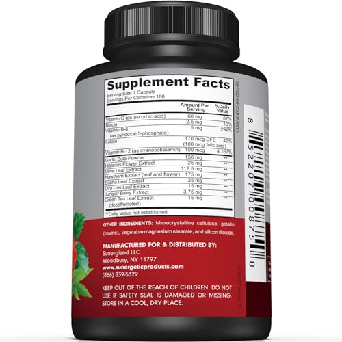 Image of Sunergetic Premium Blood Pressure Support Supplement for Cardiovascular & Heart Health with Garlic, Hawthorn & Hibiscus (180 Capsules)