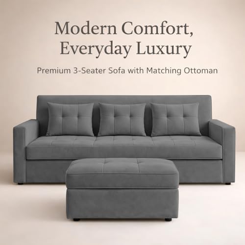 Image of Emilio 3 Seater with Ottomon Pull-Out Sofa Cum Bed (Cream Color) Premium Fabric Sofa Set for Living Room | Bedroom