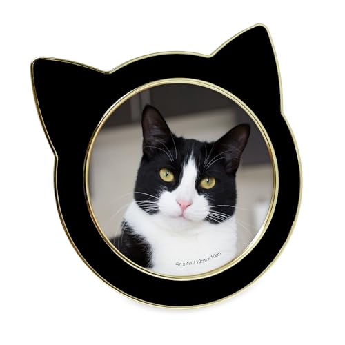 Isaac Jacobs 4x4 Black w/Gold Round Enamel Cat Picture Frame w/Ears & Easel