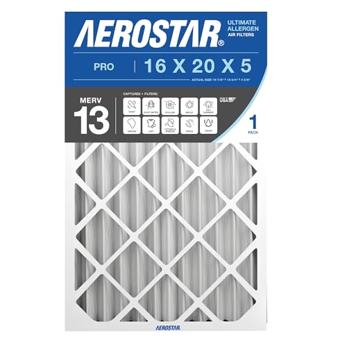 Aerostar 16x20x5 MERV 13 High Efficiency Pleated Air Filter, 1-Pack, Electrostatic AC Furnace HVAC Replacement, Captures Smoke Bacteria Allergy Dust Pollen Pet Dander (15.875x19.75x4.375)