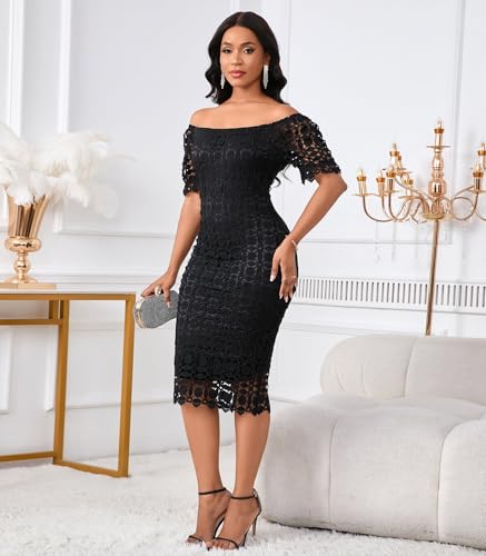 Image of Cololura Elegant Sexy Floral Lace Short Sleeve Off Shoulder Evening Gown Party Formal Bodycon Midi Dress