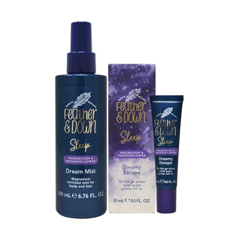 Feather & Down Calming Touch Bundle – Magnesium & Passionflower Dream Mist (200ml) + Pulse Point Rollerball (15ml) – Sleep Aid & On-the-Go Stress Relief Aromatherapy Duo